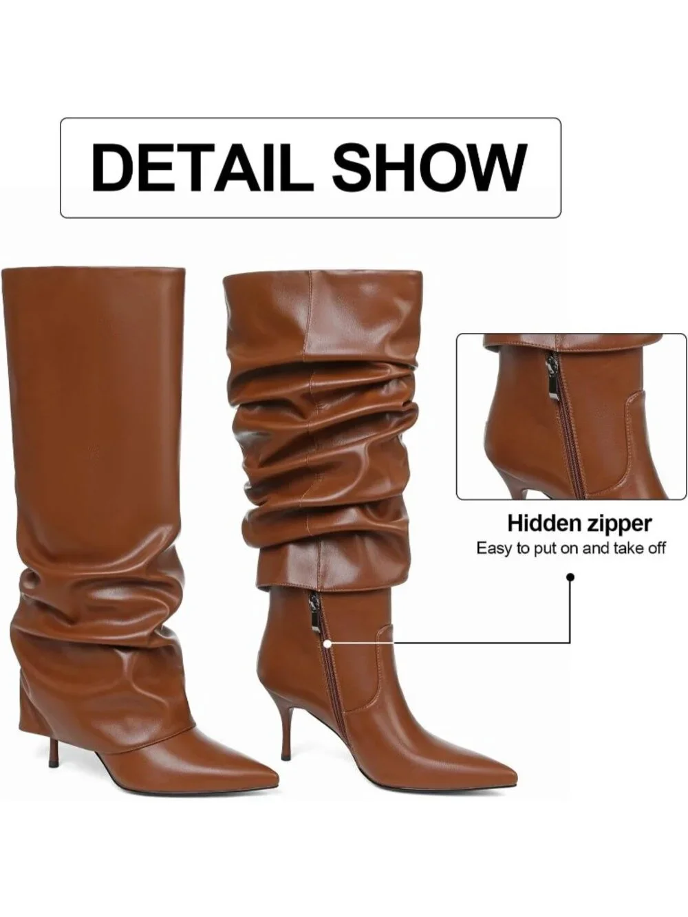 Women's Brown Fold Over Point Shark Slouchy Side Hidden Zipper Knee High Boots